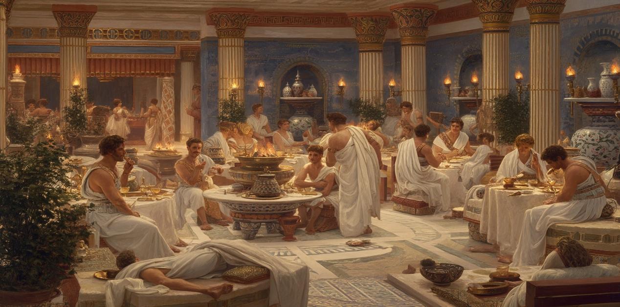 Αρχαίο ελληνικό συμπόσιο σε ανδρώνα με άνδρες να πίνουν κρασί, να συζητούν και να απολαμβάνουν μουσική, υπό το φως των λύχνων.