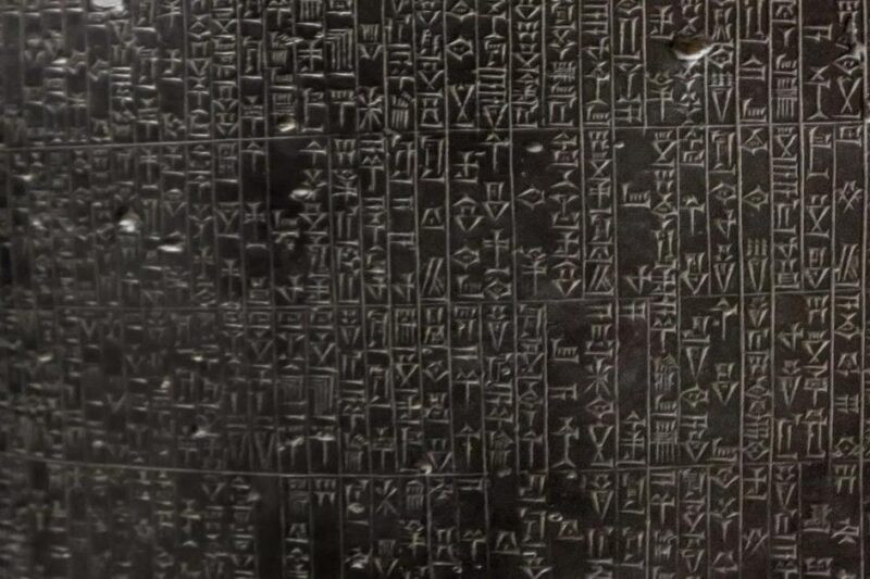 Λεπτομέρεια από τη στήλη του Κώδικα του Χαμουραμπί με χαραγμένα σφηνοειδή σύμβολα, δείγμα μιας από τις παλαιότερες νομικές επιγραφές στην ιστορία.