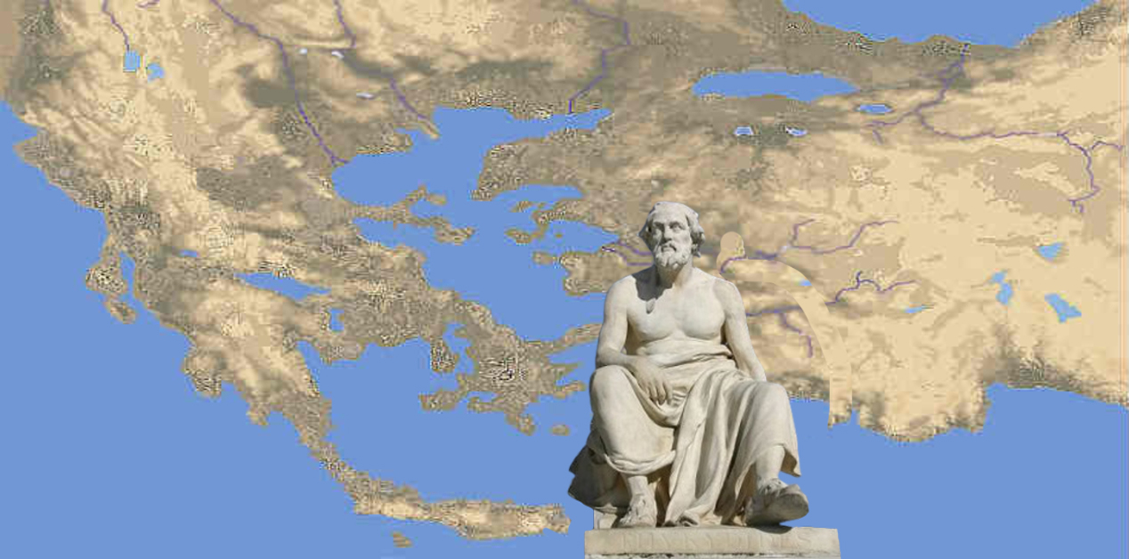 Θουκυδίδης: Ο Ιστορικός που μας Αποκάλυψε την Καταγωγή των Ελλήνων και την Ιστορία του Ονόματος Ελλάς - Άγαλμα του Θουκυδίδη με φόντο έναν γεωγραφικό χάρτη της αρχαίας Ελλάδας και του Αιγαίου Πελάγους.