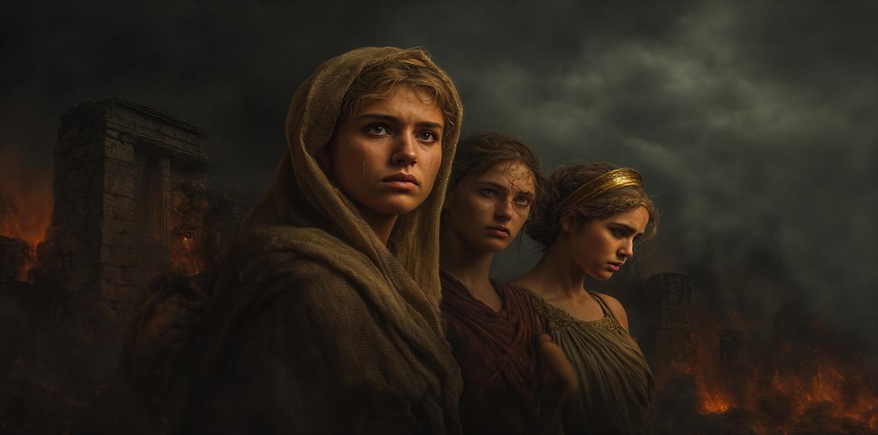 Τρεις γυναίκες της Τροίας θρηνούν μπροστά από καμένα ερείπια και φλόγες, συμβολίζοντας τον πόνο και τη μοίρα των αιχμαλώτων μετά την πτώση της πόλης.