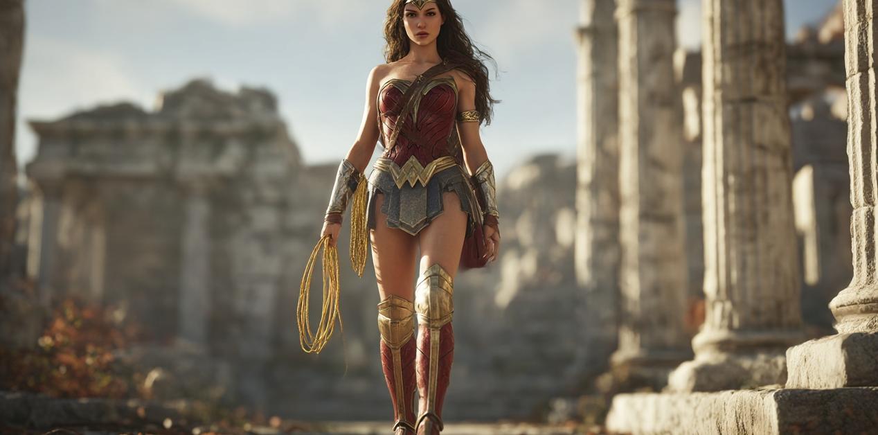 Wonder Woman ανάμεσα σε αρχαίους ελληνικούς κίονες, με στολή Αμαζόνας και χρυσό λάσο, μυθολογικό σκηνικό