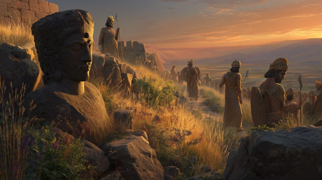 Χετταίοι πολεμιστές και άγαλμα σε αρχαία τοποθεσία με φόντο την Τροία, ηλιοβασίλεμα και ατμοσφαιρικό τοπίο