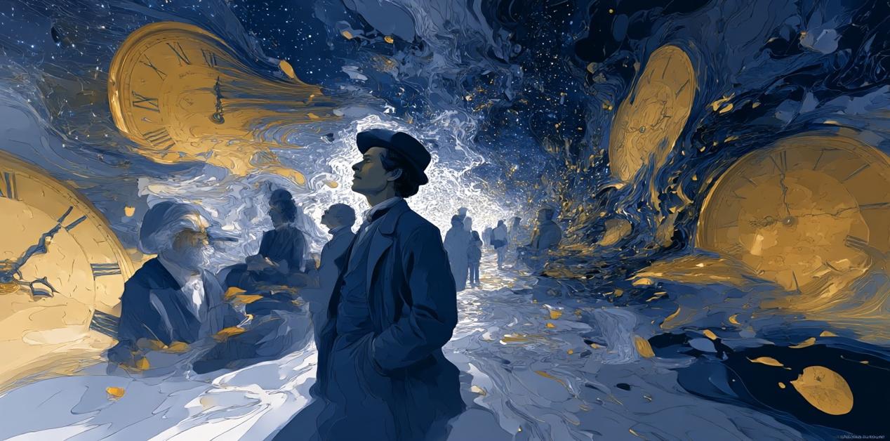 Αφηρημένη απεικόνιση της φύσης του χρόνου με φιλοσόφους και ρολόγια να λιώνουν σε κοσμικό φόντο, που συμβολίζει τη ροή του χρόνου και το φιλοσοφικό ερώτημα της ύπαρξής του.