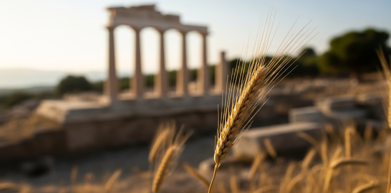 Ζέα: Το Αρχαίο Δημητριακό της Ελλάδας – Οφέλη και η Μυστηριώδης Εξαφάνισή της - Κλείσιμο πλάνου ενός χρυσού σταχυού με τα ερείπια ενός αρχαίου ελληνικού ναού στο θολό φόντο, συμβολίζοντας την αγροτική ιστορία και την κληρονομιά της Ελλάδας.