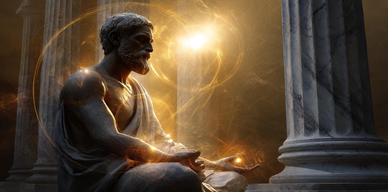 Άγαλμα αρχαίου Έλληνα φιλοσόφου σε διαλογισμό, χρυσαφένια ενέργεια και στήλες, φωτεινή αύρα που συμβολίζει τα ενεργειακά κέντρα του Πλάτωνα.