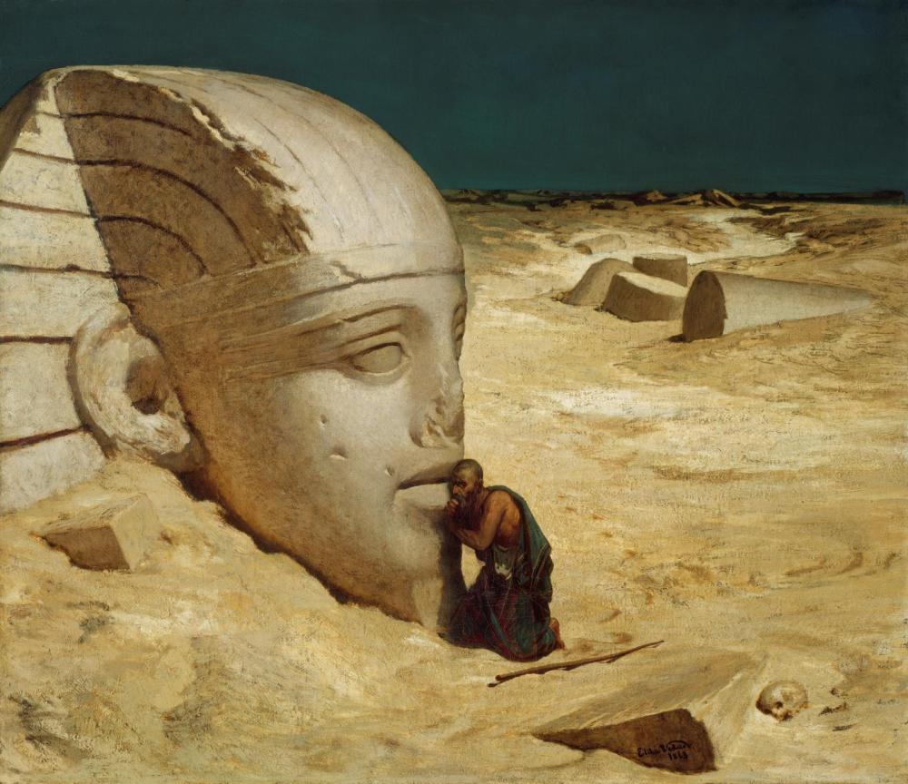 Πίνακας "Ο Ερωτών τη Σφίγγα" του Elihu Vedder (1863) με άνδρα που σκύβει να ακούσει μια γιγαντιαία πέτρινη κεφαλή Σφίγγας στην έρημο.