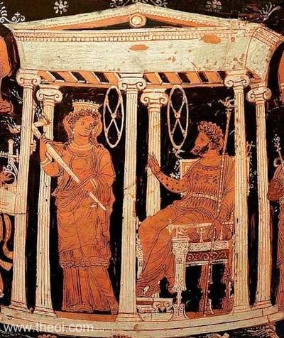 Ο Άδης καθισμένος σε θρόνο με σκήπτρο και η Περσεφόνη όρθια με Ελευσίνια λυχνία, απεικόνιση σε αρχαίο αγγείο