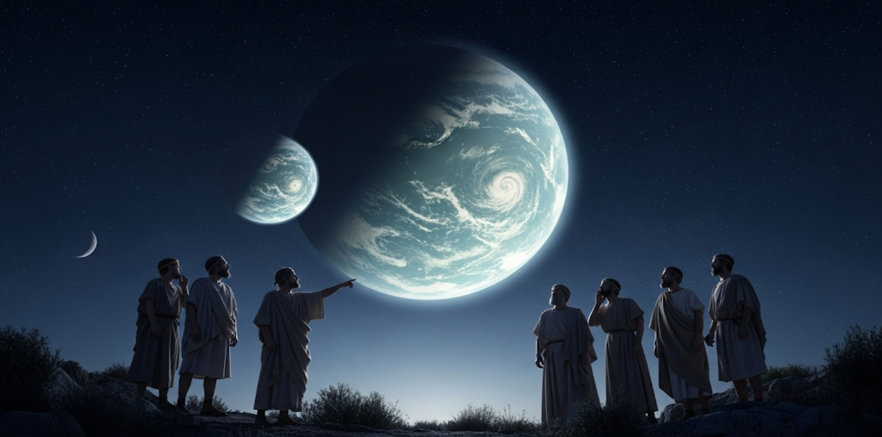 Αντίχθων: Ο Χαμένος Δίδυμος Πλανήτης της Γης που Έψαχναν οι Αρχαίοι Έλληνες - Μια ομάδα ανδρών που φορούν αρχαιοελληνικές ενδυμασίες στέκονται σε έναν βραχώδη λόφο κατά τη διάρκεια της νύχτας. Παρατηρούν με δέος τον έναστρο ουρανό, όπου κυριαρχούν δύο μεγάλοι, φωτισμένοι πλανήτες που μοιάζουν με τη Γη. Ένας από τους άνδρες δείχνει προς τους πλανήτες, σαν να τους εξηγεί κάτι στους υπόλοιπους.