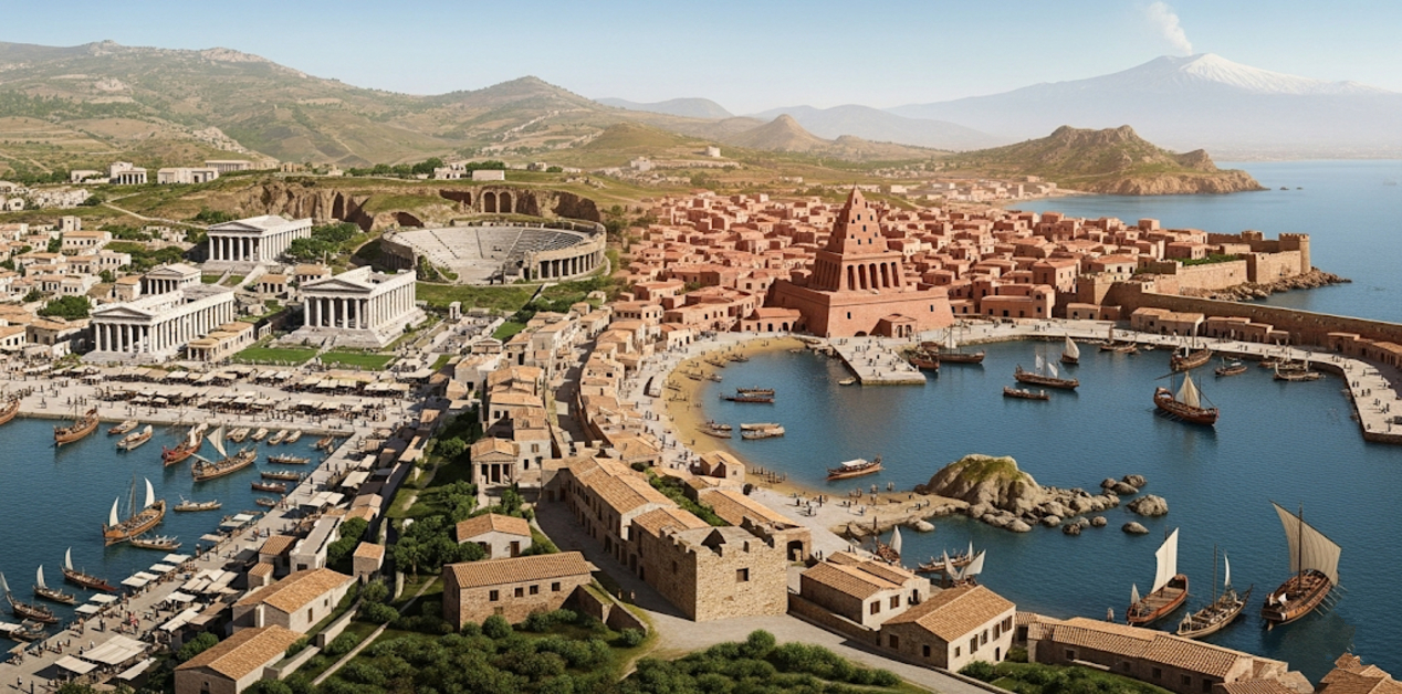 Αποικισμός της Σικελίας: Πώς οι Έλληνες και οι Καρχηδόνιοι Εδραιώθηκαν στο Νησί - Ιστορική απεικόνιση της ακτογραμμής της Σικελίας. Αριστερά, ελληνική πόλη με λευκούς ναούς, θέατρο και λιμάνι με ελληνικά πλοία. Δεξιά, καρχηδονιακός οικισμός με κοκκινωπά κτίρια, φρούριο και πλοία. Στο βάθος διακρίνεται η Αίτνα.