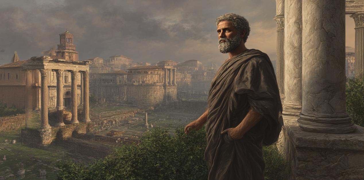 Απολλόδωρος ο Δαμασκηνός σε καλλιτεχνική αναπαράσταση, κοιτάζει το Forum της αρχαίας Ρώμης, με φόντο μνημεία και κλασικές κολώνες.