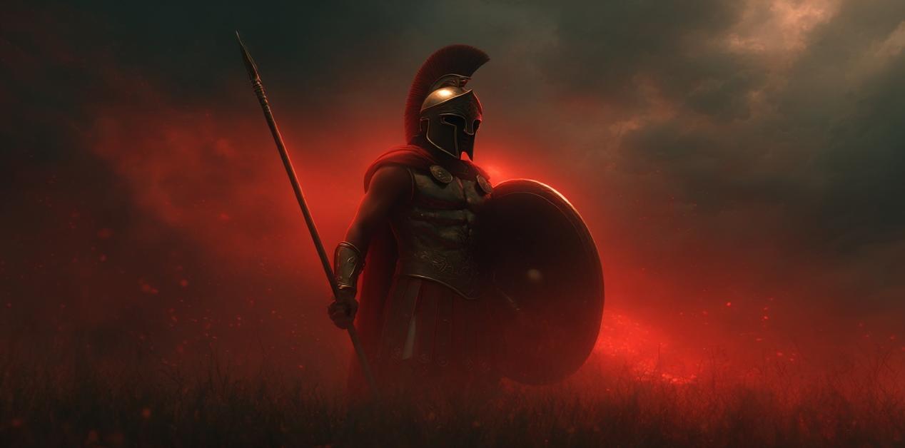 Άρης, θεός του πολέμου, με δόρυ και ασπίδα μέσα σε κόκκινη ομίχλη.