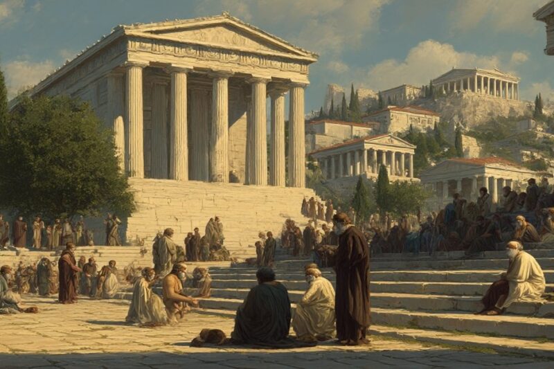 Αρχαία Αθήνα – η Αγορά με πολίτες και φιλοσόφους μπροστά σε ναούς, με την Ακρόπολη στο βάθος