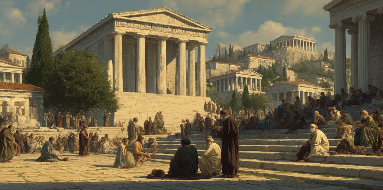 Αρχαία Αθήνα – η Αγορά με πολίτες και φιλοσόφους μπροστά σε ναούς, με την Ακρόπολη στο βάθος