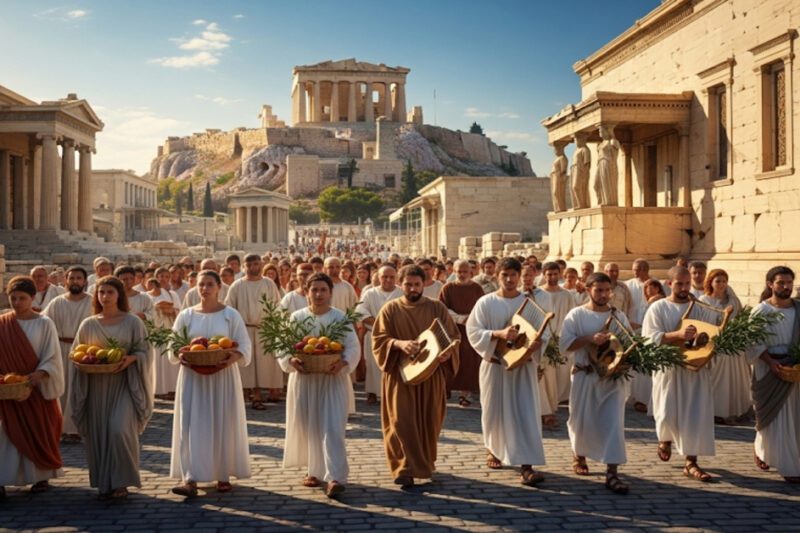 Οι αρχαίες Ελληνικές γιορτές του Αυγούστου - Πλήθος κόσμου σε πομπή σε αρχαία Ελληνική πόλη, με φόντο την Ακρόπολη. Οι άνθρωποι φορούν χιτώνες και κάποιοι κρατούν καλάθια με φρούτα και αρχαία μουσικά όργανα.