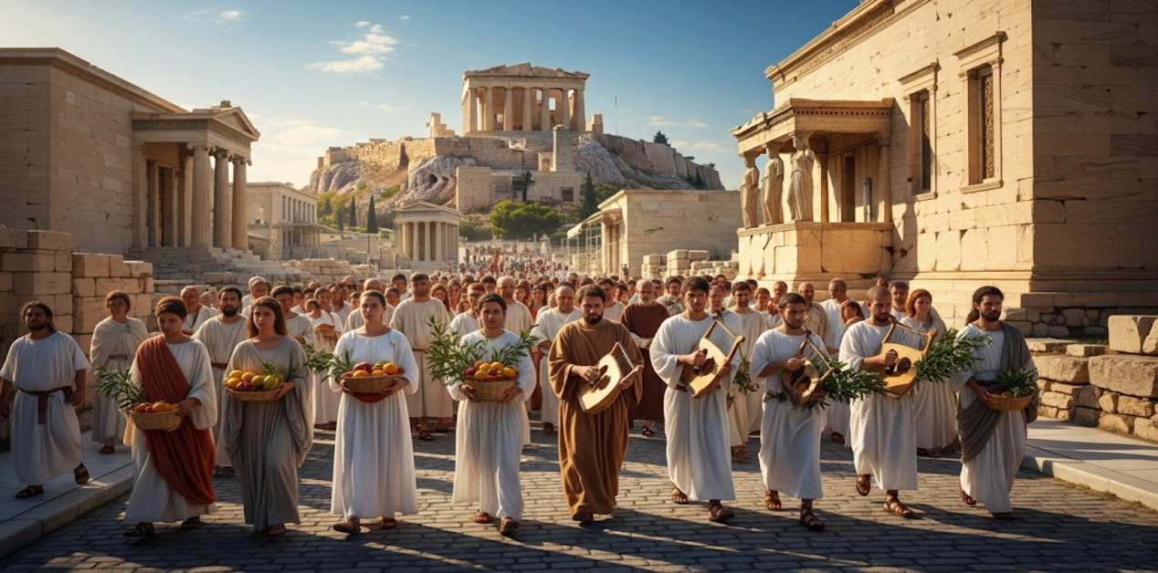 Οι αρχαίες Ελληνικές γιορτές του Αυγούστου - Πλήθος κόσμου σε πομπή σε αρχαία Ελληνική πόλη, με φόντο την Ακρόπολη. Οι άνθρωποι φορούν χιτώνες και κάποιοι κρατούν καλάθια με φρούτα και αρχαία μουσικά όργανα.