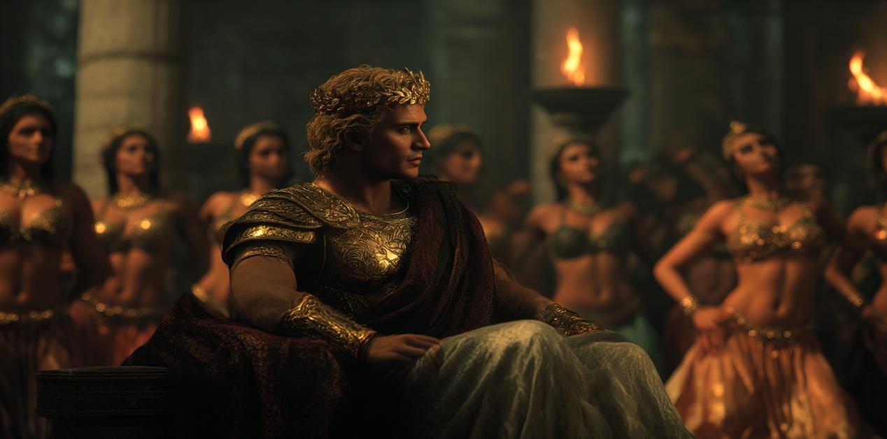 Μέγας Αλέξανδρος σε θρόνο παρακολουθεί belly dancers σε αρχαίο παλάτι
