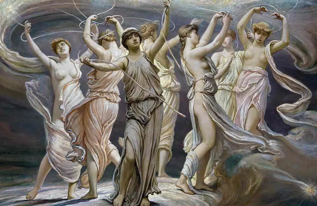 Απεικόνιση αρχαίων Ελληνίδων που χορεύουν, έργο τέχνης εμπνευσμένο από τη μυθολογία