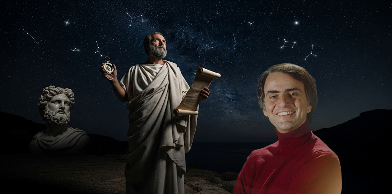 Γιατί ο Καρλ Σαγκάν θαύμαζε τους αρχαίους Έλληνες; - Μια σύνθετη εικόνα που απεικονίζει τον αστρονόμο Carl Sagan στα δεξιά, έναν αρχαίο Έλληνα φιλόσοφο στο κέντρο που κρατά έναν πάπυρο και ένα αστρονομικό όργανο, και μια μαρμάρινη προτομή στα αριστερά. Στο φόντο διακρίνεται ένας έναστρος νυχτερινός ουρανός με αστερισμούς.