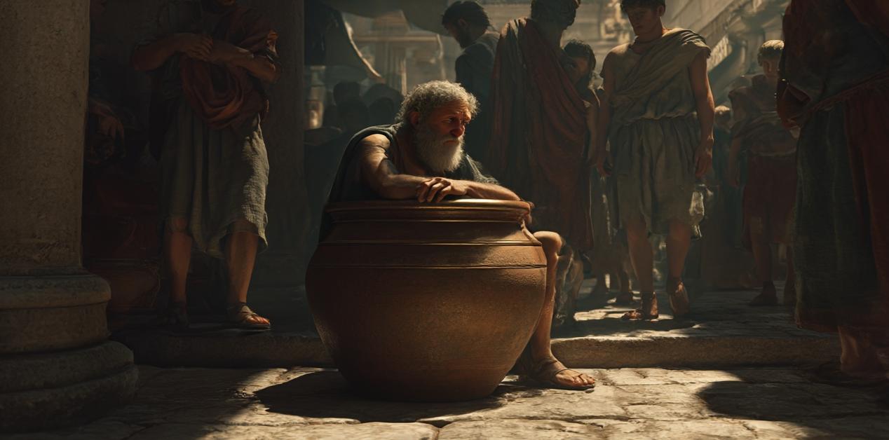 Διογένης ο Κυνικός καθισμένος στο πιθάρι του στην αγορά της αρχαίας Αθήνας, σύμβολο της αυτάρκειας και της λιτότητας.