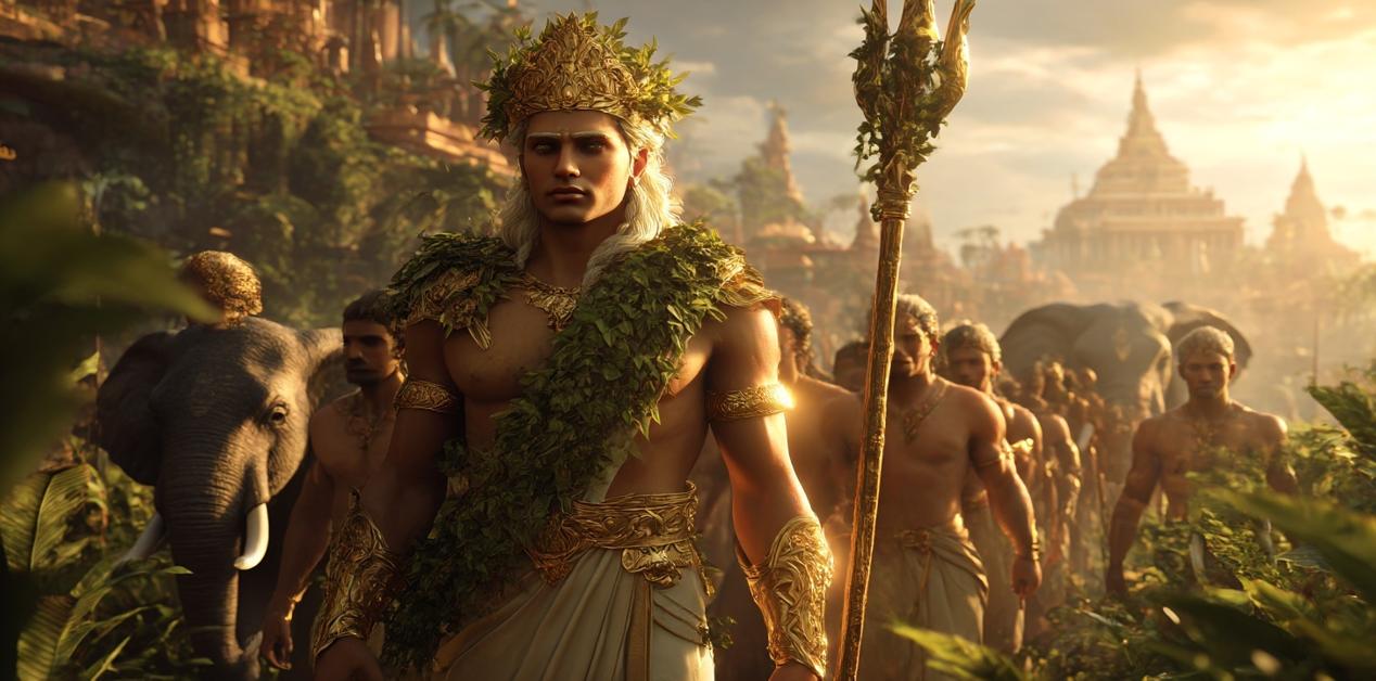 Διόνυσος στην Ινδία με χρυσή πανοπλία και θύρσο, επικεφαλής της πομπής με ελέφαντες και πιστούς.