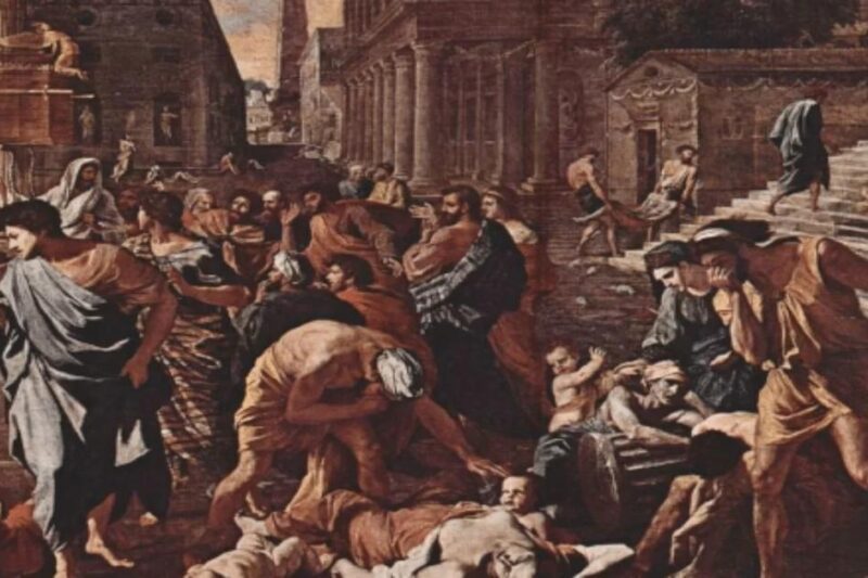 Καλλιτεχνική απεικόνιση της Πανούκλας του Ιουστινιανού με σκηνές μαζικής θνησιμότητας σε βυζαντινή πόλη.