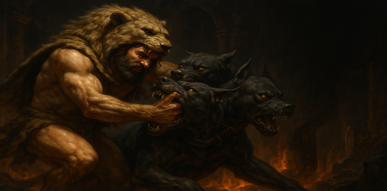 Ηρακλής δαμάζει τον Κέρβερο στον δωδέκατο άθλο του, στη μυθολογική κάθοδο στον Άδη.