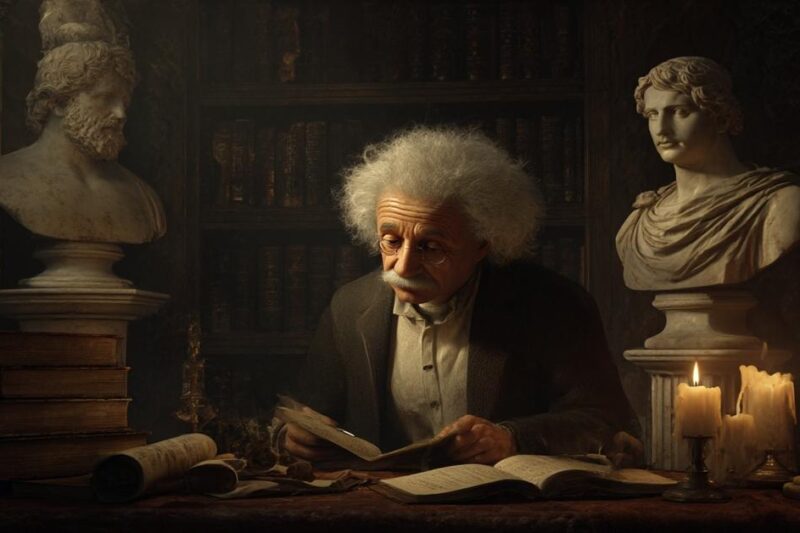 Ο Αϊνστάιν μελετά αρχαία ελληνικά κείμενα σε σκοτεινή βιβλιοθήκη, ανάμεσα σε προτομές Ελλήνων φιλοσόφων και αναμμένα κεριά.