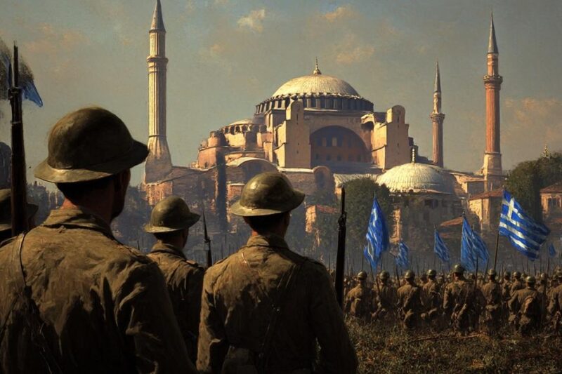 Έλληνες στρατιώτες με σημαίες μπροστά στην Αγία Σοφία στην Κωνσταντινούπολη μετά τον Α΄ Παγκόσμιο Πόλεμο