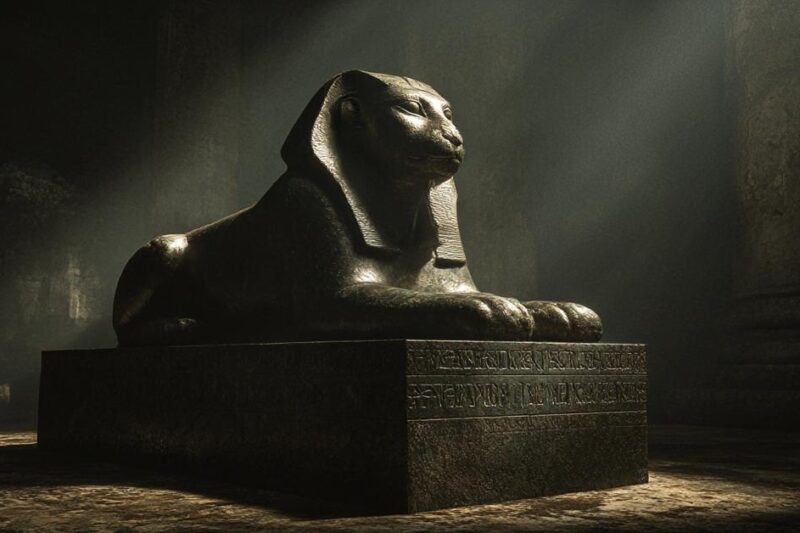 Χάλκινη Σφίγγα της Δακίας με ελληνική επιγραφή στη βάση, φωτισμένη δραματικά σε αρχαίο ναό, 3ος αιώνας μ.Χ.