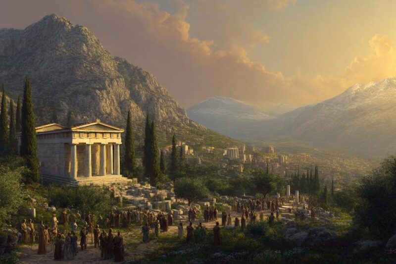 Αρχαία ελληνική πόλη-κράτος στους Δελφούς με ιερό και συγκέντρωση πολιτών σε ορεινό τοπίο