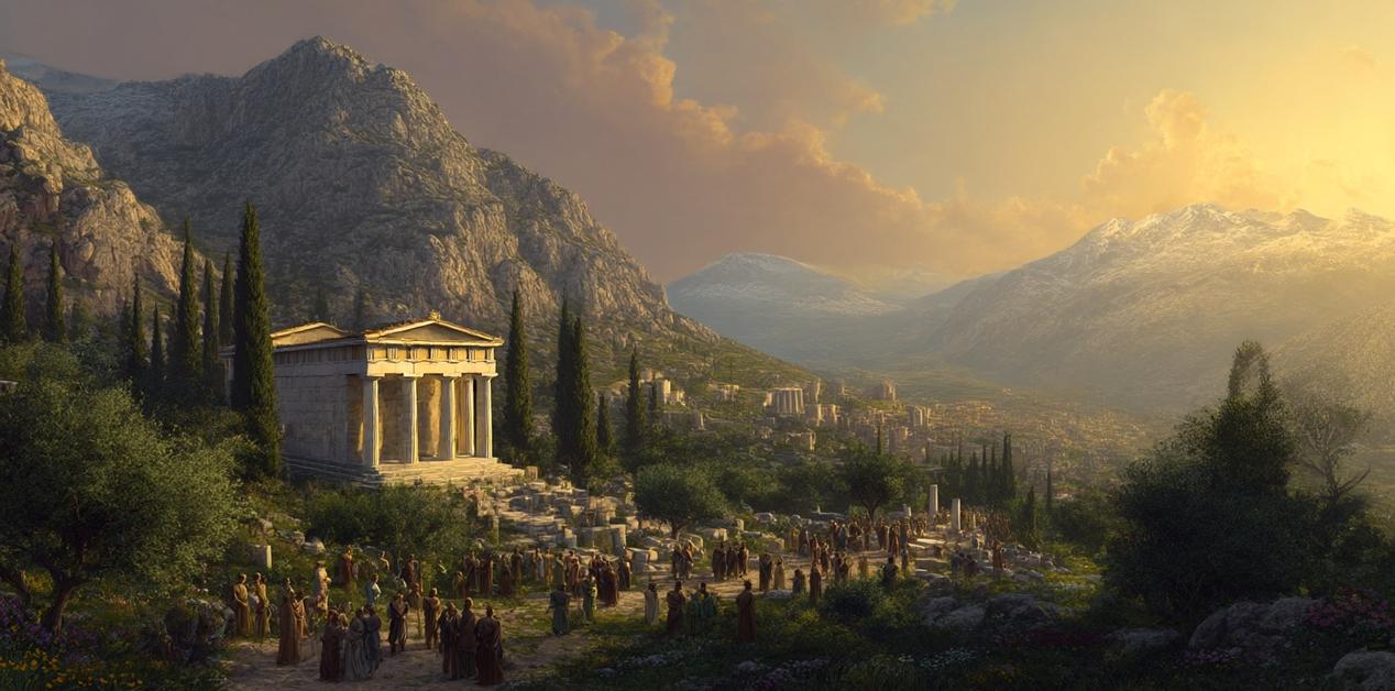 Αρχαία ελληνική πόλη-κράτος στους Δελφούς με ιερό και συγκέντρωση πολιτών σε ορεινό τοπίο