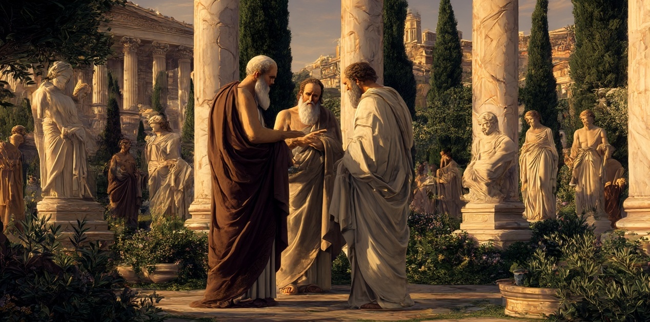 Τρεις αρχαίοι Έλληνες φιλόσοφοι συζητούν ανάμεσα σε μαρμάρινους κίονες και αγάλματα, σε κήπο της κλασικής Αθήνας, με φόντο επιβλητικά κτίρια.