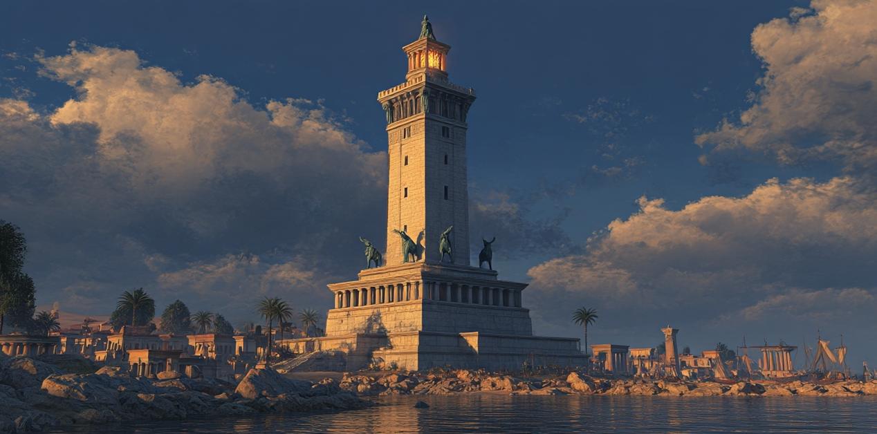 Ρεαλιστική απεικόνιση του Φάρου της Αλεξάνδρειας με γαλάζιο ουρανό και πλοία στο λιμάνι, εμπνευσμένη από την αρχαία περιγραφή του μνημείου.