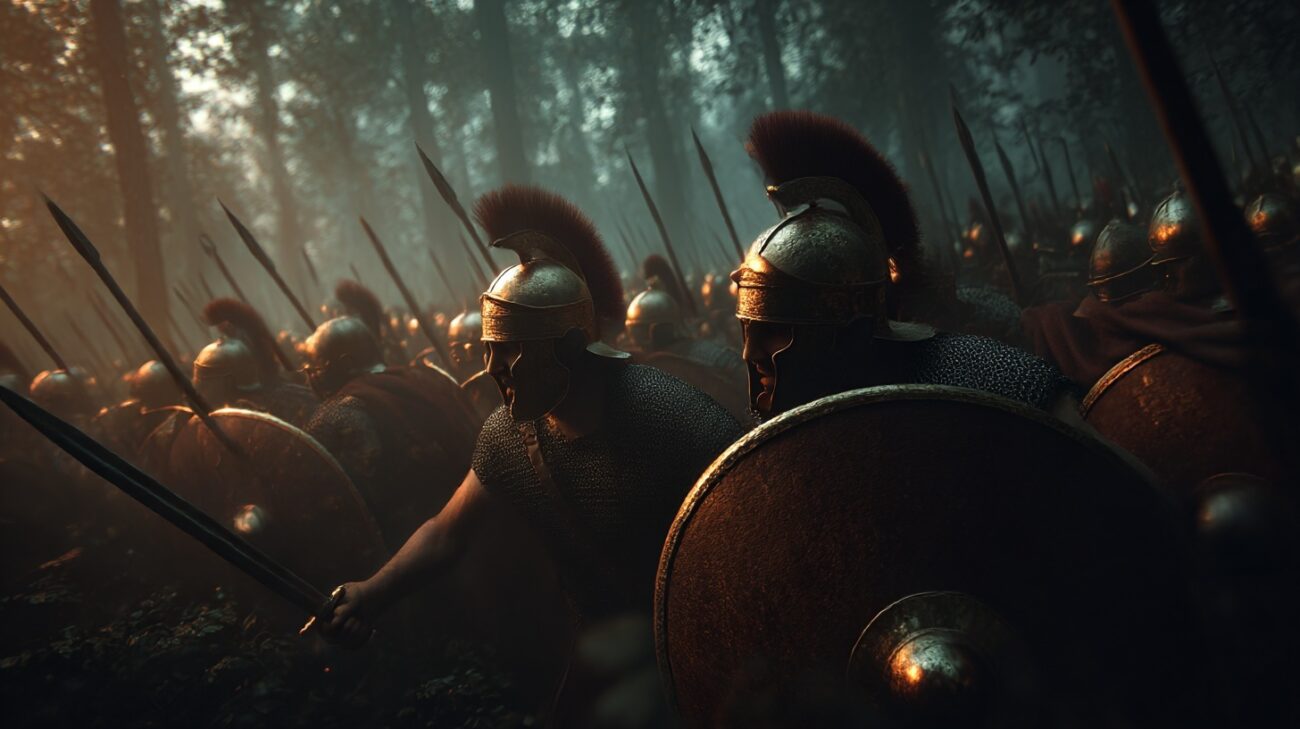 Ρωμαϊκές λεγεώνες σε σχηματισμό μάχης στο δάσος του Τευτοβούργιου, με ασπίδες, δόρατα και κράνη, λίγο πριν την ενέδρα των γερμανικών φυλών.