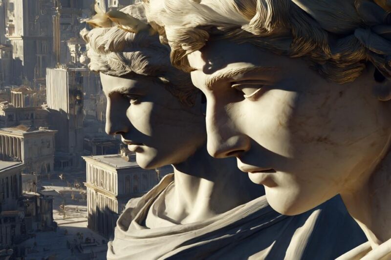 Δύο μνημειακές μαρμάρινες προτομές σε φόντο αρχαίας πόλης με χρυσές λεπτομέρειες.