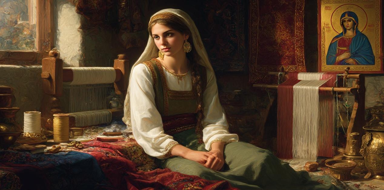 Βυζαντινή γυναίκα μπροστά σε αργαλειό με εικόνα της Παναγίας, καθημερινή ζωή και καλλιτεχνία στο Βυζάντιο