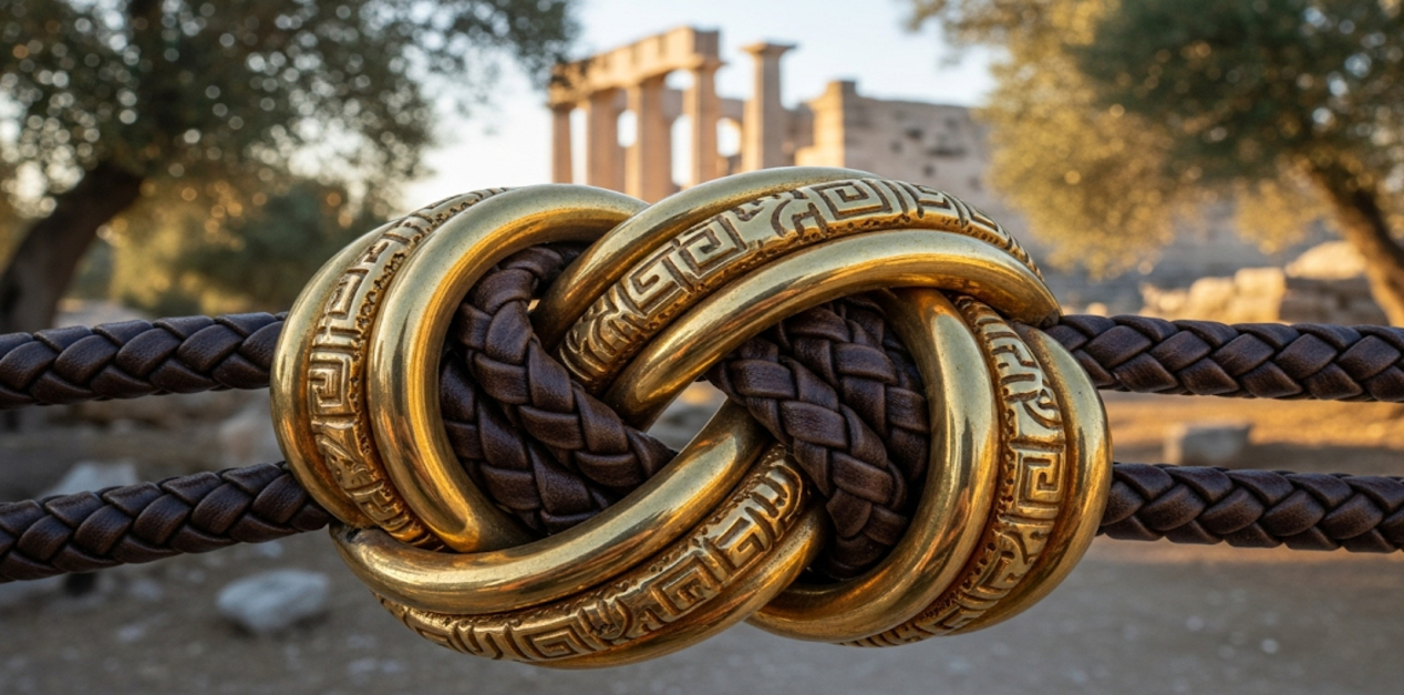 Ηράκλειον άμμα: Το μυστήριο και ο συμβολισμός στον κόμπο του Ηρακλή - Κοντινό πλάνο σε έναν περίτεχνο κόμπο του Ηρακλή. Ο κόμπος είναι φτιαγμένος από γυαλιστερό χρυσό με εγχάρακτα μοτίβα μαιάνδρου, πλεγμένο πάνω σε ένα σκούρο δερμάτινο σχοινί. Το φόντο είναι θολό και απεικονίζει ερείπια αρχαίου Ελληνικού ναού.