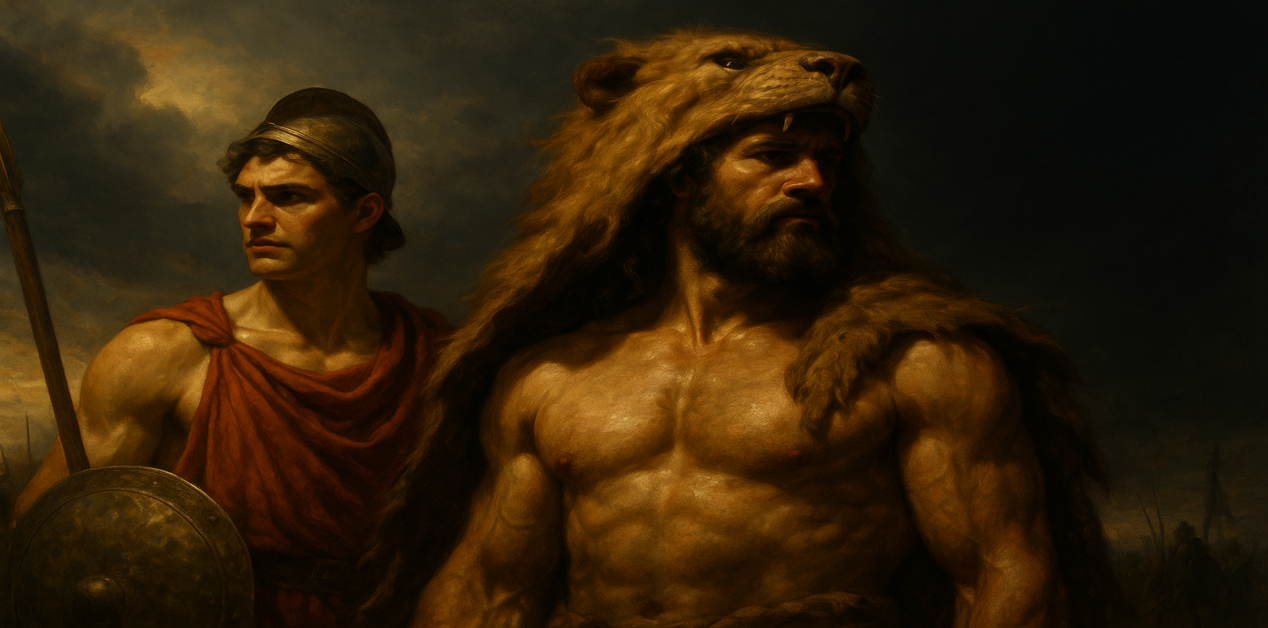 Ο Ιφικλής με περικεφαλαία και ασπίδα στο πλευρό του Ηρακλή, ο οποίος φοράει τη λεοντή του Νεμέου λέοντα. Μυθολογική απεικόνιση σε δραματικό φόντο.