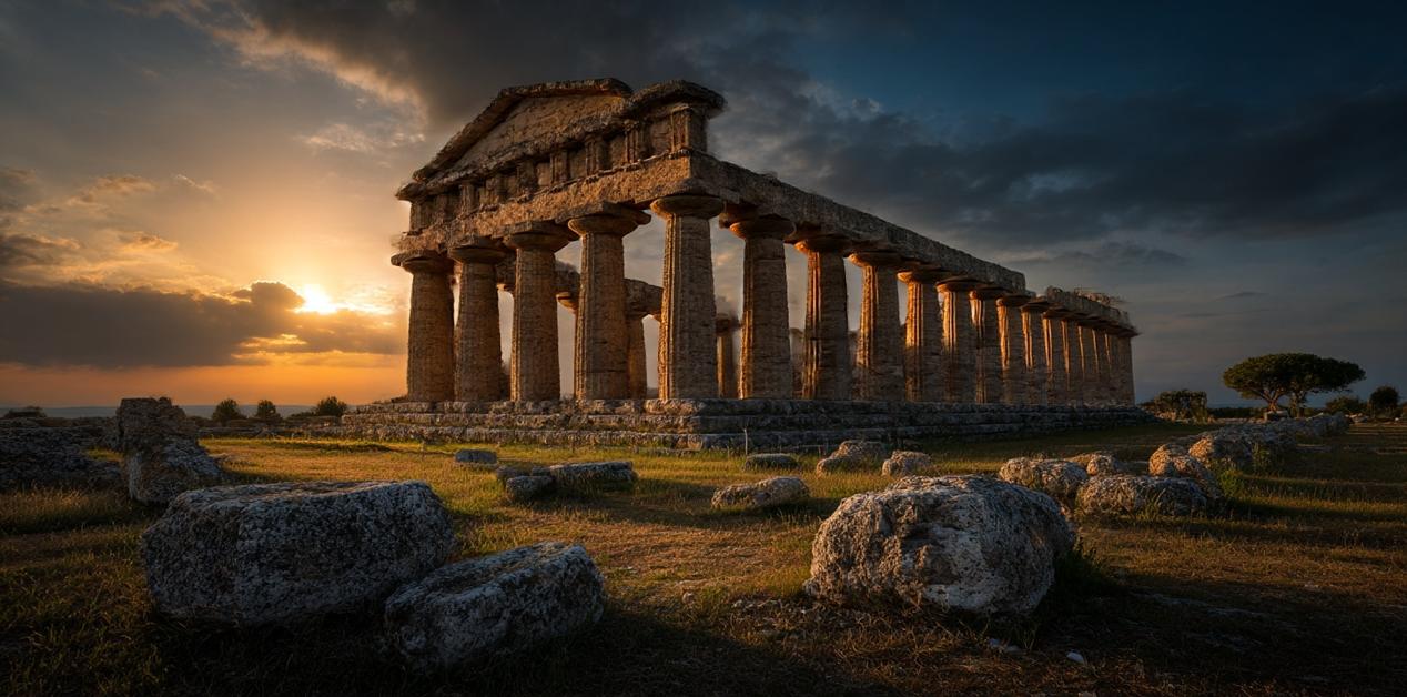 Ο ναός της Ποσειδωνίας στη Magna Graecia με καλοδιατηρημένους δωρικούς κίονες στο ηλιοβασίλεμα.