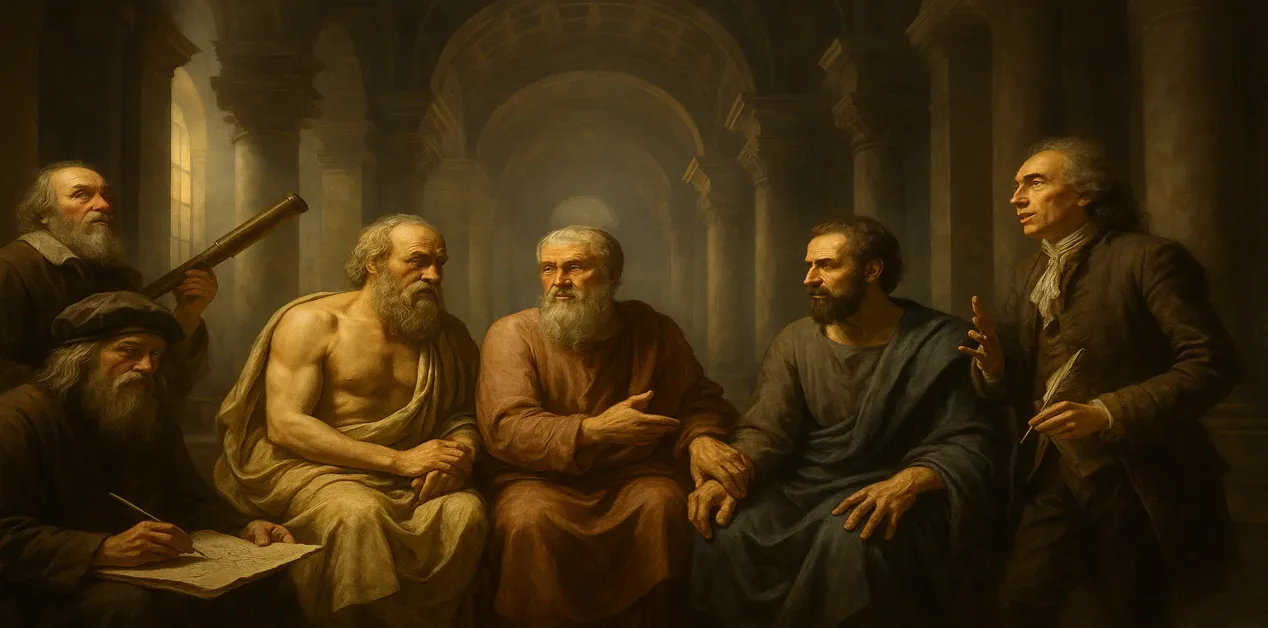 Σωκράτης, Πλάτων, Αριστοτέλης, Λεονάρντο ντα Βίντσι, Γαλιλαίος και Βολταίρος σε καλλιτεχνική απεικόνιση μέσα σε αρχαία αίθουσα σοφίας, κινηματογραφικό στυλ