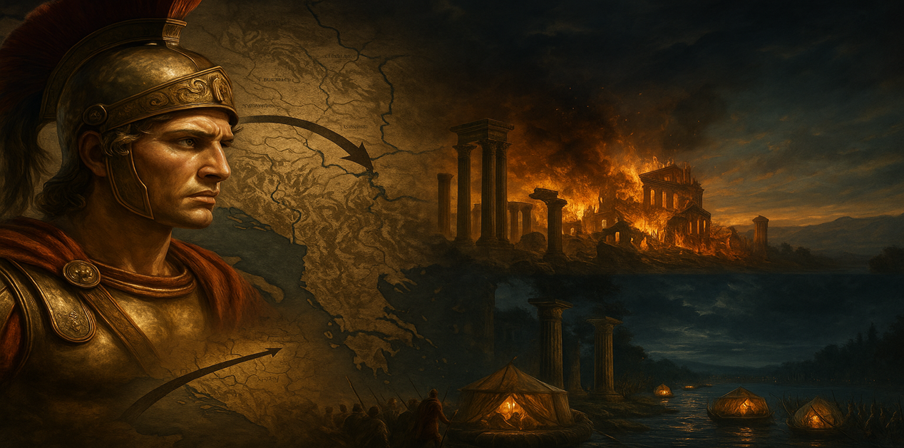 Μέγας Αλέξανδρος πριν την Ασία: πορτρέτο σε μακεδονική πανοπλία, χάρτης Βαλκανίων με βέλη, φλεγόμενη Θήβα και νυχτερινή διάβαση του Ίστρου.
