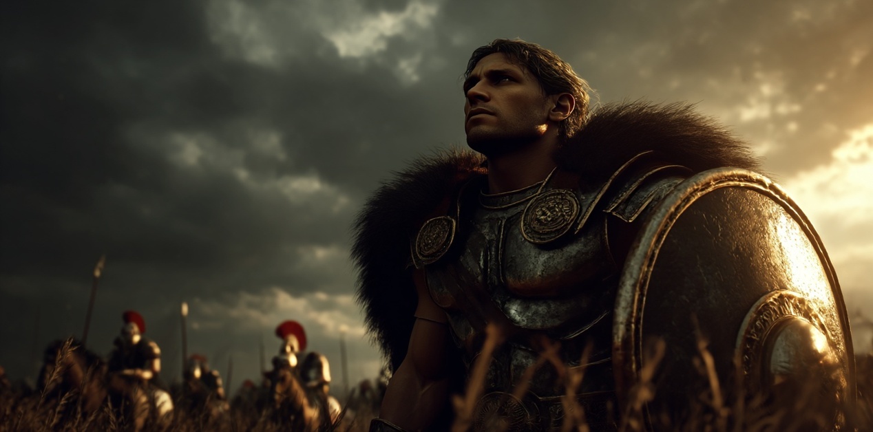 Μέγας Αλέξανδρος με πανοπλία και ασπίδα πριν από μάχη, εμπνέοντας τον στρατό του