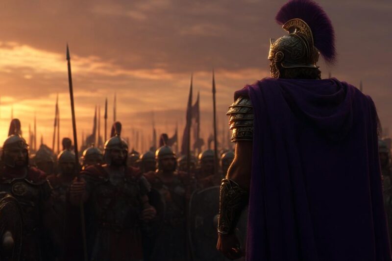 Μέγας Αλέξανδρος μπροστά στον μακεδονικό στρατό κατά την ομιλία στην Ώπιδα, με ηλιοβασίλεμα στο φόντο.