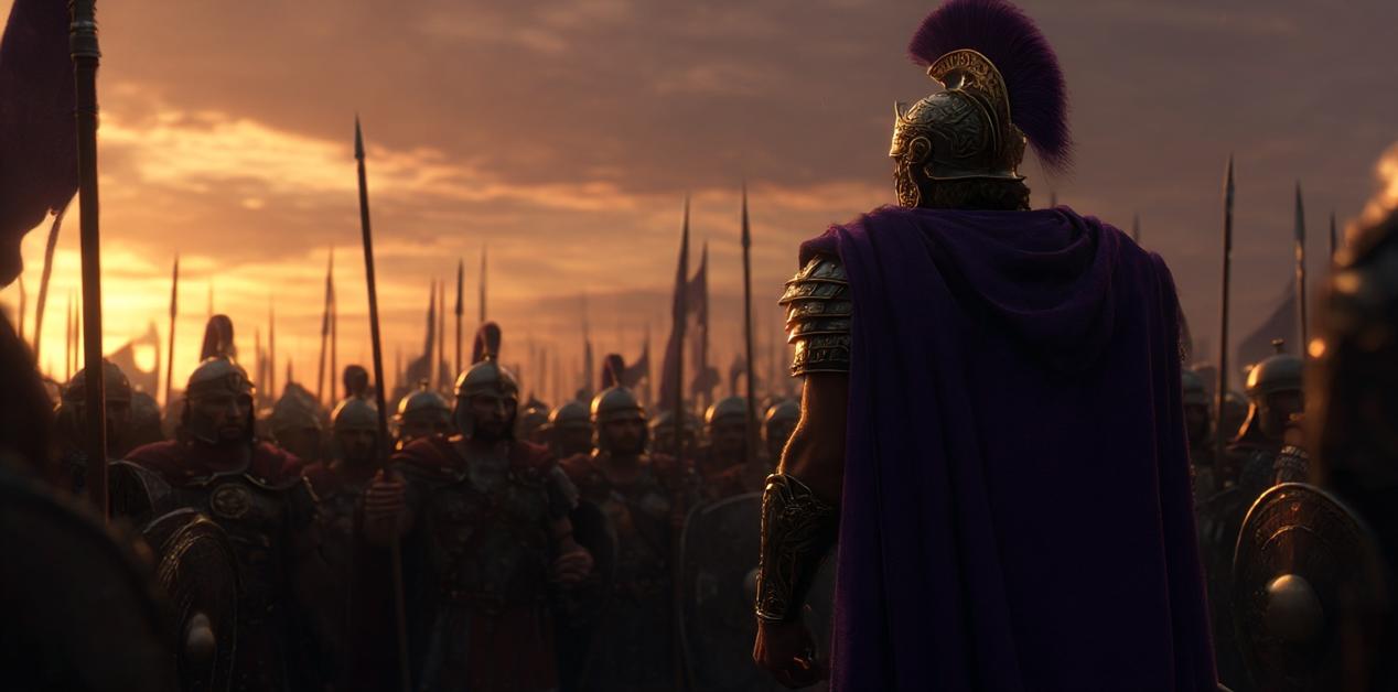 Μέγας Αλέξανδρος μπροστά στον μακεδονικό στρατό κατά την ομιλία στην Ώπιδα, με ηλιοβασίλεμα στο φόντο.