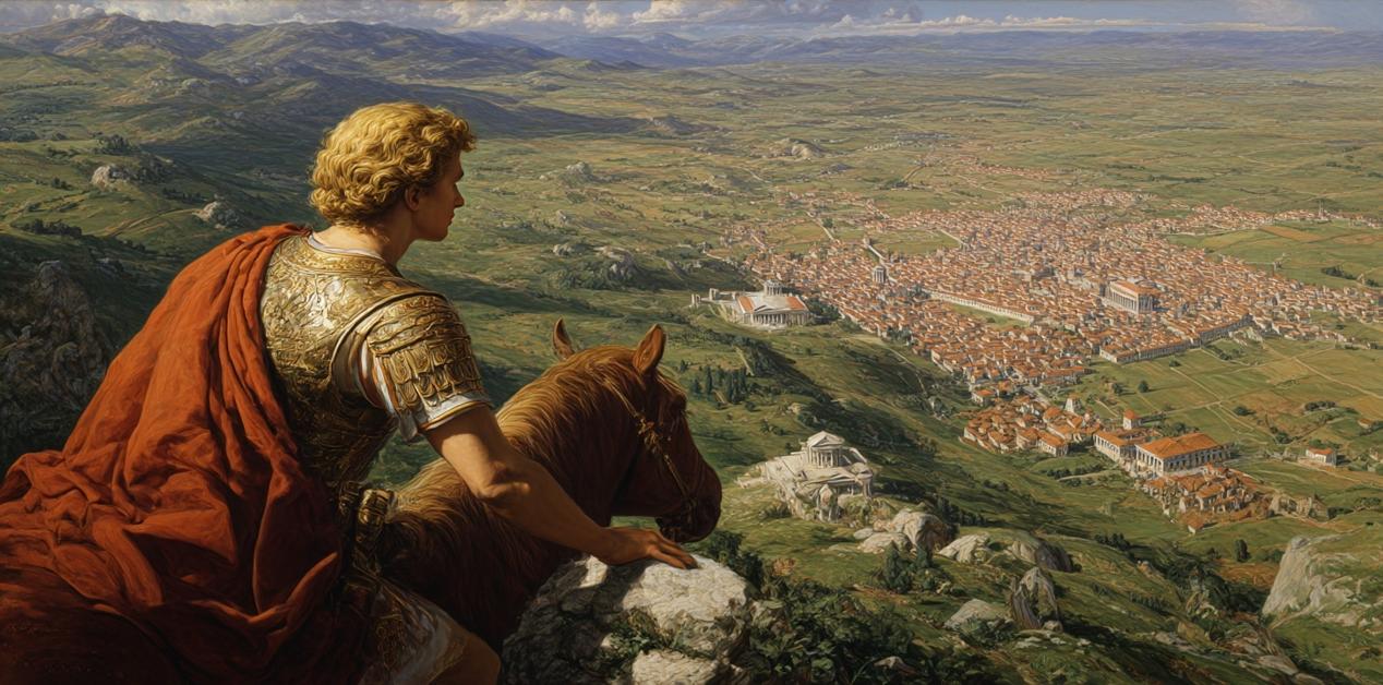 Ο Μέγας Αλέξανδρος, με χρυσή πανοπλία και κόκκινο μανδύα, πάνω στο άλογό του, κοιτάζει από ύψωμα τη ρωμαϊκή πόλη που απλώνεται στην πεδιάδα.