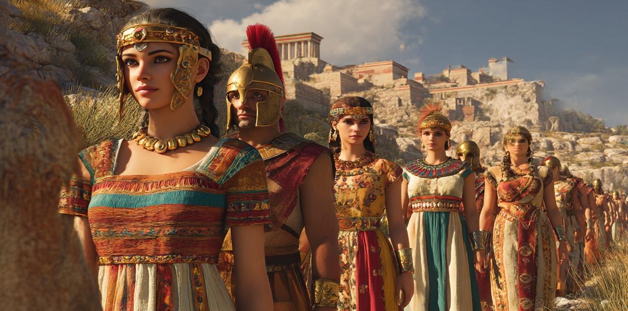 Αναπαράσταση Μινωιτών και Μυκηναίων με παραδοσιακές ενδυμασίες και πανοπλίες της Εποχής του Χαλκού, μπροστά από αρχαία ακρόπολη.