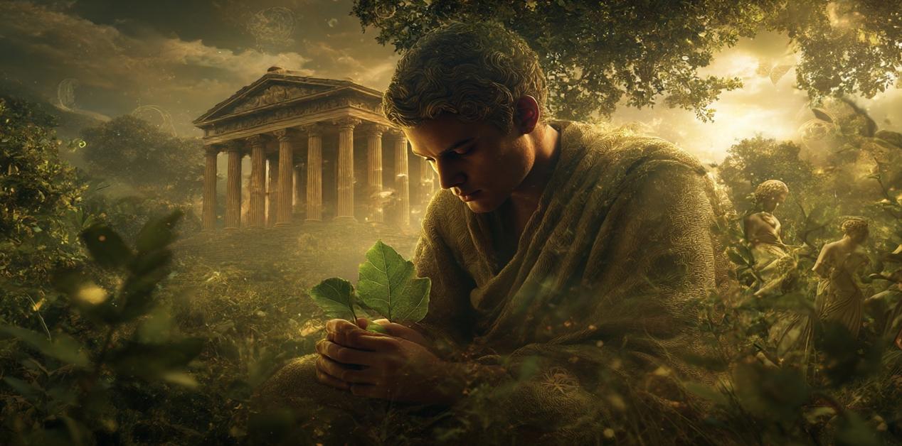Αρχαίος Έλληνας φιλόσοφος συλλογίζεται στη φύση, κρατώντας ένα φύλλο μπροστά από έναν δωρικό ναό, με μυστικιστική ατμόσφαιρα και μορφές Μουσών στο βάθος.