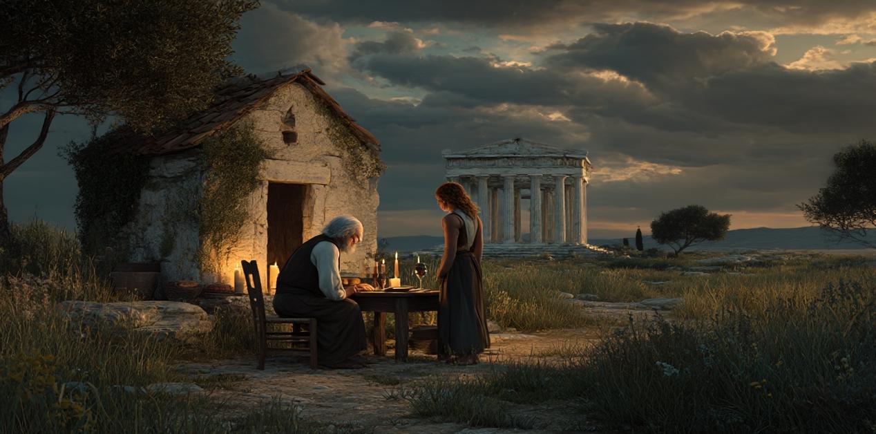 Φιλήμων και Βαυκίδα μπροστά στην καλύβα τους, με τον ναό της ανταμοιβής στο βάθος, ελληνική μυθολογία, φιλοξενία θεών