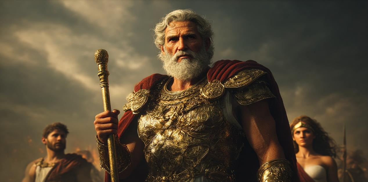 Νέστορας Τρωικός Πόλεμος σοφός βασιλιάς χρυσή πανοπλία σκήπτρο επική σκηνή