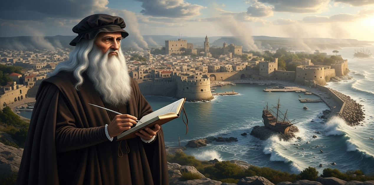 Ντα Βίντσι και ο Σεισμός της Ρόδου: Η Μυστική Σύνδεση του 1481 - Ο Λεονάρντο ντα Βίντσι με μακριά γένια και αναγεννησιακά ρούχα, κρατά ένα σημειωματάριο και καταγράφει την κατεστραμμένη από σεισμό μεσαιωνική πόλη της Ρόδου στο βάθος.